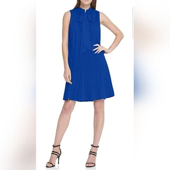 DKNY Blue Stretch Pleated Sleeveless Tie Neck Short Evening Shift Dress Womens S - Picture 1 of 13
